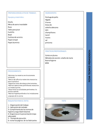 PREPARACION DELSITIODE TRABAJO:
Equiposymateriales:
Estufa
Mesa de acero inoxidable
Ruso
Tabla para picar
Cuchillo
Bowl
Cuchara de servicio
Papel vinipel
Papel aluminio
FICHATECNICOPEDAGOGICA:
INGREDIENTES:
Pechugade pollo
Hígado
Viseras
Grasa de
cebollacabezona
ajos
champiñones
laurel
licores
sal
pimienta
PROCEDIMIENTO:
-Reclamar las materias en el economato
(almacén)
-Retirar del officelos materiales necesarios
para la práctica
-Higienizar áreas detrabajo y herramientas.
-Realizar operaciones preliminares necesarias
a la materia prima.
-Desarrollar lasactividades pertinentes a la
práctica del día.
-Realizar higieneprofunda a las instalaciones
y equipos de la cocina
REQUISITOSPARA EL ÉXITO:
1 - Organizacióndel trabajo
2 - Aplicacióndel método
3- Cumplimientode lasnormasde
higiene yseguridadindustrial.
4- Exigenciasenlapresentación(ropa
adecuada)
5 - Tiempode ejecución
6- visitarlaspáginas de losfabricantes
FOTO
PRACTICASPROFESIONALES:
Cortesenpluma
Métodosde cocción: a baño de maría
Buenahigiene
BPM
 