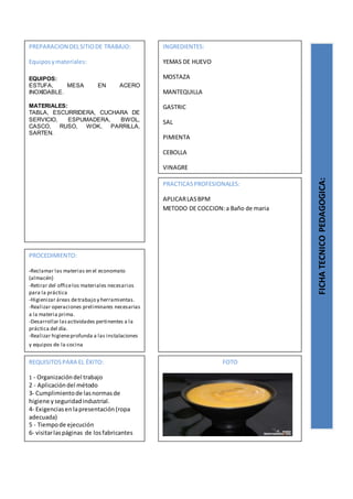 PREPARACION DELSITIODE TRABAJO:
Equiposymateriales:
EQUIPOS:
ESTUFA, MESA EN ACERO
INOXIDABLE.
MATERIALES:
TABLA, ESCURRIDERA, CUCHARA DE
SERVICIO, ESPUMADERA, BWOL,
CASCO, RUSO, WOK, PARRILLA,
SARTEN.
FICHATECNICOPEDAGOGICA:
INGREDIENTES:
YEMAS DE HUEVO
MOSTAZA
MANTEQUILLA
GASTRIC
SAL
PIMIENTA
CEBOLLA
VINAGRE
PROCEDIMIENTO:
-Reclamar las materias en el economato
(almacén)
-Retirar del officelos materiales necesarios
para la práctica
-Higienizar áreas detrabajo y herramientas.
-Realizar operaciones preliminares necesarias
a la materia prima.
-Desarrollar lasactividades pertinentes a la
práctica del día.
-Realizar higieneprofunda a las instalaciones
y equipos de la cocina
REQUISITOSPARA EL ÉXITO:
1 - Organizacióndel trabajo
2 - Aplicacióndel método
3- Cumplimientode lasnormasde
higiene yseguridadindustrial.
4- Exigenciasenlapresentación(ropa
adecuada)
5 - Tiempode ejecución
6- visitarlaspáginas de losfabricantes
FOTO
PRACTICASPROFESIONALES:
APLICARLASBPM
METODO DE COCCION:a Baño de maria
 