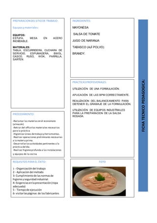 PREPARACION DELSITIODE TRABAJO:
Equiposymateriales:
EQUIPOS:
ESTUFA, MESA EN ACERO
INOXIDABLE.
MATERIALES:
TABLA, ESCURRIDERA, CUCHARA DE
SERVICIO, ESPUMADERA, BWOL,
CASCO, RUSO, WOK, PARRILLA,
SARTEN.
FICHATECNICOPEDAGOGICA:
INGREDIENTES:
MAYONESA
SALSA DE TOMATE
JUGO DE NARANJA
TABASCO (AJÍ POLVO)
BRANDY.
PROCEDIMIENTO:
-Reclamar las materias en el economato
(almacén)
-Retirar del officelos materiales necesarios
para la práctica
-Higienizar áreas detrabajo y herramientas.
-Realizar operaciones preliminares necesarias
a la materia prima.
-Desarrollar lasactividades pertinentes a la
práctica del día.
-Realizar higieneprofunda a las instalaciones
y equipos de la cocina
REQUISITOSPARA EL ÉXITO:
1 - Organizacióndel trabajo
2 - Aplicacióndel método
3- Cumplimientode lasnormasde
higiene yseguridadindustrial.
4- Exigenciasenlapresentación(ropa
adecuada)
5 - Tiempode ejecución
6- visitarlaspáginas de losfabricantes
FOTO
PRACTICASPROFESIONALES:
UTILIZACIÓN DE UNA FORMULACIÓN.
APLICACIÓN DE LAS BPM CORRECTAMENTE.
REALIZACION DEL BALANCEAMIENTO PARA
OBTENER EL GRAMAJE DE LA FORMULACIÓN.
UTILIZACIÓN DE EQUIPOS INDUSTRIALES
PARA LA PREPARACION DE LA SALSA
ROSADA.
 