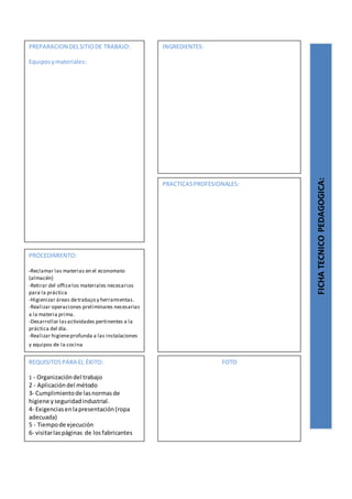 PREPARACION DELSITIODE TRABAJO:
Equiposymateriales:
FICHATECNICOPEDAGOGICA:
INGREDIENTES:
PROCEDIMIENTO:
-Reclamar las materias en el economato
(almacén)
-Retirar del officelos materiales necesarios
para la práctica
-Higienizar áreas detrabajo y herramientas.
-Realizar operaciones preliminares necesarias
a la materia prima.
-Desarrollar lasactividades pertinentes a la
práctica del día.
-Realizar higieneprofunda a las instalaciones
y equipos de la cocina
REQUISITOSPARA EL ÉXITO:
1 - Organizacióndel trabajo
2 - Aplicacióndel método
3- Cumplimientode lasnormasde
higiene yseguridadindustrial.
4- Exigenciasenlapresentación(ropa
adecuada)
5 - Tiempode ejecución
6- visitarlaspáginas de losfabricantes
FOTO
PRACTICASPROFESIONALES:
 