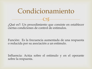 Condicionamiento
             
¿Qué es?: Un procedimiento que consiste en establecer
ciertas condiciones de control de es...