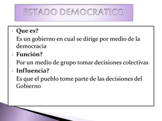  Que es?
Es un gobierno en cual se dirige por medio de la
democracia
 Función?
Por un medio de grupo tomar decisiones colectivas
 Influencia?
Es que el pueblo tome parte de las decisiones del
Gobierno
 