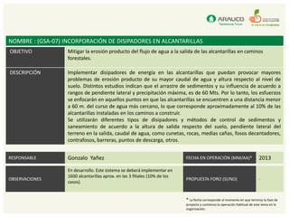 NOMBRE : (GSA-07) INCORPORACIÓN DE DISIPADORES EN ALCANTARILLAS
OBJETIVO           Mitigar la erosión producto del flujo de agua a la salida de las alcantarillas en caminos
                   forestales.

DESCRIPCIÓN        Implementar disipadores de energía en las alcantarillas que puedan provocar mayores
                   problemas de erosión producto de su mayor caudal de agua y altura respecto al nivel de
                   suelo. Distintos estudios indican que el arrastre de sedimentos y su influencia de acuerdo a
                   rangos de pendiente lateral y precipitación máxima, es de 60 Mts. Por lo tanto, los esfuerzos
                   se enfocarán en aquellos puntos en que las alcantarillas se encuentren a una distancia menor
                   a 60 m. del curso de agua más cercano, lo que corresponde aproximadamente al 10% de las
                   alcantarillas instaladas en los caminos a construir.
                   Se utilizarán diferentes tipos de disipadores y métodos de control de sedimentos y
                   saneamiento de acuerdo a la altura de salida respecto del suelo, pendiente lateral del
                   terreno en la salida, caudal de agua, como cunetas, rocas, medias cañas, fosos decantadores,
                   contrafosos, barreras, puntos de descarga, otros.


RESPONSABLE        Gonzalo Yañez                                             FECHA EN OPERACIÓN (MM/AA)*                     2013

                   En desarrollo. Este sistema se deberá implementar en
                   1600 alcantarillas aprox. en las 3 filiales (10% de los
OBSERVACIONES                                                                PROPUESTA FORO (SI/NO)                          -
                   casos).


                                                                             * La fecha corresponde al momento en que termina la fase de
                                                                             proyecto y comienza la operación habitual de este tema en la
                                                                             organización.
 