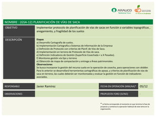 NOMBRE : (GSA-12) PLANIFICACIÓN DE VÍAS DE SACA
OBJETIVO           Implementar protocolo de planificación de vías de sacas en función a variables topográficas ,
                   anegamiento, y fragilidad de los suelos

DESCRIPCIÓN        Etapas
                   a) Desarrollo Cartografía de suelos.
                   b) Implementación Cartografía a Sistemas de Información de la Empresa
                   c) Definición de Protocolo con criterios de Planif. de Vías de Saca.
                   d) Implementación en terreno de Protocolo de Vías de saca.
                   e) Definición Indicadores de Gestión (Superficie Cosechada < a X Pasadas).
                   f) Monitoreo gestión vía Gps y terreno
                   e) Obtención de mapa de compactación y entrega a Áreas patrimoniales.
                   Observaciones
                   Se busca incorporar la gestión del recurso suelo en la operación de cosecha, para operaciones con skidder.
                   Para lo anterior se desarrollará herramientas cartográficas de apoyo, y criterios de planificación de vías de
                   saca en terreno, las cuales deberán ser monitoreadas y evaluar la gestión en función de indicadores
                   asociados.


RESPONSABLE        Javier Ramírez                                                FECHA EN OPERACIÓN (MM/AA)*                     05/12

OBSERVACIONES                                                                    PROPUESTA FORO (SI/NO)                          -



                                                                                 * La fecha corresponde al momento en que termina la fase de
                                                                                 proyecto y comienza la operación habitual de este tema en la
                                                                                 organización.
 
