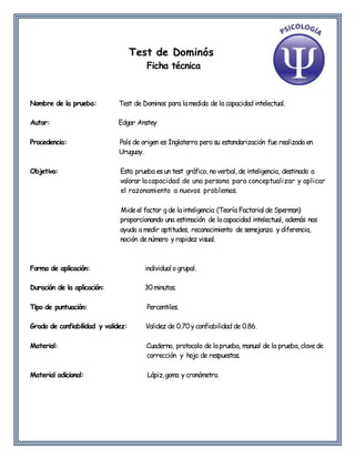 Test de Dominós
Ficha técnica
Nombre de la prueba: Test de Dominos para lamedida de la capacidad intelectual.
Autor: Edgar Anstey
Procedencia: País de origen es Inglaterra pero su estandarización fue realizada en
Uruguay.
Objetivo: Esta prueba es un test gráfico, no verbal, de inteligencia, destinado a
valorar lacapacidad de una persona para conceptualizar y aplicar
el razonamiento a nuevos problemas.
Mideel factor g de lainteligencia (Teoría Factorial de Sperman)
proporcionando una estimación de lacapacidad intelectual, además nos
ayuda a medir aptitudes, reconocimiento de semejanza y diferencia,
noción denúmero y rapidez visual.
Forma de aplicación: individual o grupal.
Duración de la aplicación: 30minutos.
Tipo de puntuación: Percentiles.
Grado de confiabilidad y validez: Validez de 0.70y confiabilidad de 0.86.
Material: Cuaderno, protocolo de laprueba, manual de la prueba, clavede
corrección y hoja de respuestas.
Material adicional: Lápiz,goma y cronómetro.
 