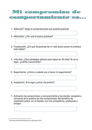 1. Selección2
: Elige el comportamiento que quieres practicar
2. Motivación: ¿Por qué lo quiero practicar?
3. Focalización: ¿En qué situaciones de mi vida quiero poner en práctica
este hábito?
4. Voluntad: ¿Qué estrategia utilizaré para lograr en 30 días? Si no lo
logro, ¿intento nuevamente?
5. Seguimiento: ¿Cómo y cuándo voy a hacer mi seguimiento?
6. Aceptación: Si lo logro ¿cómo me premio?
7. Activación de compromisos y convencimiento a los demás: comparto y
convenzo de lo positivo de mis compromisos, del beneficio de
practicarlo juntos; en mi familia, con mis compañeros, profesores y
amigos.
2
Formato tomado del Ministerio de Educación 2012
 