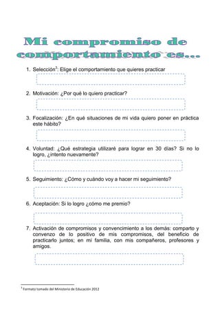 1. Selección3
: Elige el comportamiento que quieres practicar
2. Motivación: ¿Por qué lo quiero practicar?
3. Focalización: ¿En qué situaciones de mi vida quiero poner en práctica
este hábito?
4. Voluntad: ¿Qué estrategia utilizaré para lograr en 30 días? Si no lo
logro, ¿intento nuevamente?
5. Seguimiento: ¿Cómo y cuándo voy a hacer mi seguimiento?
6. Aceptación: Si lo logro ¿cómo me premio?
7. Activación de compromisos y convencimiento a los demás: comparto y
convenzo de lo positivo de mis compromisos, del beneficio de
practicarlo juntos; en mi familia, con mis compañeros, profesores y
amigos.
3
Formato tomado del Ministerio de Educación 2012
 
