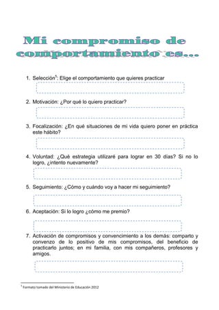 1. Selección5
: Elige el comportamiento que quieres practicar
2. Motivación: ¿Por qué lo quiero practicar?
3. Focalización: ¿En qué situaciones de mi vida quiero poner en práctica
este hábito?
4. Voluntad: ¿Qué estrategia utilizaré para lograr en 30 días? Si no lo
logro, ¿intento nuevamente?
5. Seguimiento: ¿Cómo y cuándo voy a hacer mi seguimiento?
6. Aceptación: Si lo logro ¿cómo me premio?
7. Activación de compromisos y convencimiento a los demás: comparto y
convenzo de lo positivo de mis compromisos, del beneficio de
practicarlo juntos; en mi familia, con mis compañeros, profesores y
amigos.
5
Formato tomado del Ministerio de Educación 2012
 