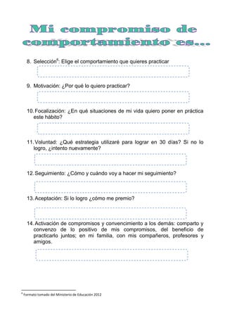 8. Selección6
: Elige el comportamiento que quieres practicar
9. Motivación: ¿Por qué lo quiero practicar?
10.Focalización: ¿En qué situaciones de mi vida quiero poner en práctica
este hábito?
11.Voluntad: ¿Qué estrategia utilizaré para lograr en 30 días? Si no lo
logro, ¿intento nuevamente?
12.Seguimiento: ¿Cómo y cuándo voy a hacer mi seguimiento?
13.Aceptación: Si lo logro ¿cómo me premio?
14.Activación de compromisos y convencimiento a los demás: comparto y
convenzo de lo positivo de mis compromisos, del beneficio de
practicarlo juntos; en mi familia, con mis compañeros, profesores y
amigos.
6
Formato tomado del Ministerio de Educación 2012
 