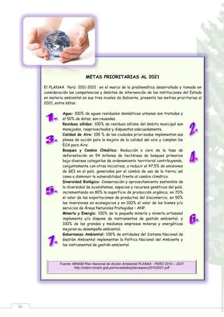 66
METAS PRIORITARIAS AL 2021
El PLANAA Perú: 2011-2021 en el marco de la problemática desarrollada y tomado en
consideración las competencias y ámbitos de intervención de las instituciones del Estado
en materia ambiental en sus tres niveles de Gobierno, presenta las metras prioritarias al
2021, entre éstas:
Agua: 100% de aguas residuales domésticas urbanas son tratadas y
el 50% de éstas, son reusadas.
Residuos sólidos: 100% de residuos sólidos del ámbito municipal son
manejados, reaprovechados y dispuestos adecuadamente.
Calidad de Aire: 100 % de las ciudades priorizadas implementan sus
planes de acción para la mejora de la calidad del aire y cumplen los
ECA para Aire.
Bosques y Cambio Climático: Reducción a cero de la tasa de
deforestación en 54 millones de hectáreas de bosques primarios
bajo diversas categorías de ordenamiento territorial contribuyendo,
conjuntamente con otras iniciativas, a reducir el 47.5% de emisiones
de GEI en el país, generados por el cambio de uso de la tierra; así
como a disminuir la vulnerabilidad frente al cambio climático.
Diversidad Biológica: Conservación y aprovechamiento sostenible de
la diversidad de ecosistemas, especies y recursos genéticos del país;
incrementando en 80% la superficie de producción orgánica; en 70%
el valor de las exportaciones de productos del biocomercio, en 50%
las inversiones en econegocios y en 100% el valor de los bienes y/o
servicios de Áreas Naturales Protegidas – ANP.
Minería y Energía: 100% de la pequeña minería y minería artesanal
implementa y/o dispone de instrumentos de gestión ambiental; y
100% de las grandes y medianas empresas mineras y energéticas
mejoran su desempeño ambiental.
Gobernanza Ambiental: 100% de entidades del Sistema Nacional de
Gestión Ambiental implementan la Política Nacional del Ambiente y
los instrumentos de gestión ambiental.
Fuente: MINAM Plan Nacional de Acción Ambiental PLANAA - PERÚ 2010 – 2021
http://cdam.minam.gob.pe/novedades/planaaperu20102021.pdf
 