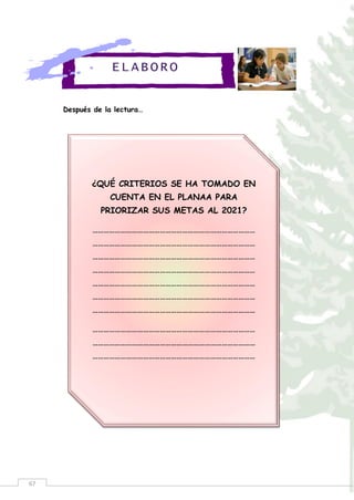 67
Después de la lectura…
ELABORO
¿QUÉ CRITERIOS SE HA TOMADO EN
CUENTA EN EL PLANAA PARA
PRIORIZAR SUS METAS AL 2021?
……………………………………………………………………………
……………………………………………………………………………
……………………………………………………………………………
……………………………………………………………………………
……………………………………………………………………………
……………………………………………………………………………
……………………………………………………………………………
……………………………………………………………………………
……………………………………………………………………………
……………………………………………………………………………
 