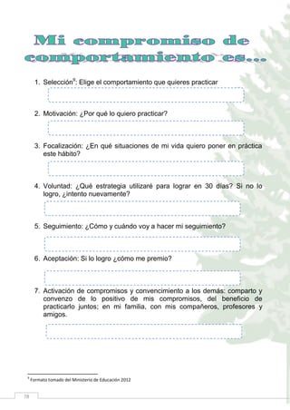 78
1. Selección9
: Elige el comportamiento que quieres practicar
2. Motivación: ¿Por qué lo quiero practicar?
3. Focalización: ¿En qué situaciones de mi vida quiero poner en práctica
este hábito?
4. Voluntad: ¿Qué estrategia utilizaré para lograr en 30 días? Si no lo
logro, ¿intento nuevamente?
5. Seguimiento: ¿Cómo y cuándo voy a hacer mi seguimiento?
6. Aceptación: Si lo logro ¿cómo me premio?
7. Activación de compromisos y convencimiento a los demás: comparto y
convenzo de lo positivo de mis compromisos, del beneficio de
practicarlo juntos; en mi familia, con mis compañeros, profesores y
amigos.
9
Formato tomado del Ministerio de Educación 2012
 