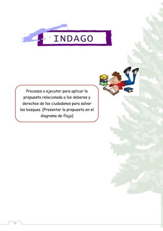 79
INDAGO
Procesos a ejecutar para aplicar la
propuesta relacionada a los deberes y
derechos de los ciudadanos para salvar
los bosques. (Presentar la propuesta en el
diagrama de flujo)
 