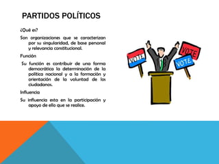 PARTIDOS POLÍTICOS
¿Qué es?
Son organizaciones que se caracterizan
por su singularidad, de base personal
y relevancia constitucional.
Función
Su función es contribuir de una forma
democrática la determinación de la
política nacional y a la formación y
orientación de la voluntad de los
ciudadanos.
Influencia
Su influencia esta en la participación y
apoyo de ello que se realice.
 
