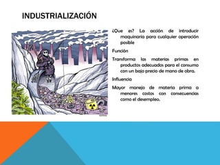 INDUSTRIALIZACIÓN
¿Que es? La acción de introducir
maquinaria para cualquier operación
posible
Función
Transforma las materias primas en
productos adecuados para el consumo
con un bajo precio de mano de obra.
Influencia
Mayor manejo de materia prima a
menores costos con consecuencias
como el desempleo.
 