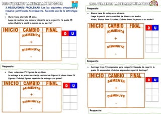 3.¡RESOLVEMOS PROBLEMAS! Lee las siguientes situaciones y
resuelve justificando tu respuesta, haciendo uso de la estrategia
1.
 Mario tiene ahorrado 68 soles.
Luego de realizar una comprar alimento para su perrito, le queda 45
soles.¿Cuánto le costó la comida de su perrito?
 Juan colecciona 75 figuras de un álbum.
Le entrego a su primo una cierta cantidad de figuras.Si ahora tiene 26
figuras.¿Cuántas figuras repetidas le entrego a su primo?
 Blanca tiene 86 soles en su alcancía.
Luego le prestó cierta cantidad de dinero a su madre.
Ahora, Blanca tiene 19 soles.¿Cuánto dinero le presto a su madre?
 Santiago trajo 74 empanadas para compartir.Después de repartir le
quedo 26 empanadas.¿Cuántas empanadas repartió Santiago?
Respuesta:
Respuesta:
Respuesta:
Respuesta:
 