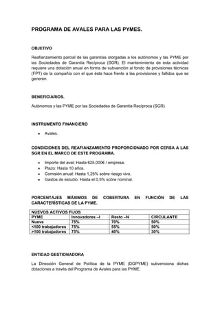 PROGRAMA DE AVALES PARA LAS PYMES.


OBJETIVO

Reafianzamiento parcial de las garantías otorgadas a los autónomos y las PYME por
las Sociedades de Garantía Recíproca (SGR). El mantenimiento de esta actividad
requiere una dotación anual en forma de subvención al fondo de provisiones técnicas
(FPT) de la compañía con el que ésta hace frente a las provisiones y fallidos que se
generen.



BENEFICIARIOS.

Autónomos y las PYME por las Sociedades de Garantía Recíproca (SGR)



INSTRUMENTO FINANCIERO

       Avales.


CONDICIONES DEL REAFIANZAMIENTO PROPORCIONADO POR CERSA A LAS
SGR EN EL MARCO DE ESTE PROGRAMA.

       Importe del aval: Hasta 625.000€ / empresa.
       Plazo: Hasta 10 años.
       Comisión anual: Hasta 1,25% sobre riesgo vivo.
       Gastos de estudio: Hasta el 0,5% sobre nominal.



PORCENTAJES MÁXIMOS DE                COBERTURA          EN   FUNCIÓN    DE    LAS
CARACTERÍSTICAS DE LA PYME.

NUEVOS ACTIVOS FIJOS
PYME              Innovadores –I          Resto –N              CIRCULANTE
Nueva             75%                     70%                   50%
<100 trabajadores 75%                     55%                   50%
>100 trabajadores 75%                     40%                   30%




ENTIDAD GESTIONADORA

La Dirección General de Política de la PYME (DGPYME) subvenciona dichas
dotaciones a través del Programa de Avales para las PYME.
 