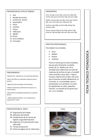 PREPARACION DEL SITIO DE TRABAJO:
1- Volt
2- Bandeja de servicio
3- Cuchara de servicio
4- Espumadera
5- Rusos
6- Cuchillos
7- Cascos
8- Tabla picar
9- Batidor
10- Pinzas
11- Jarra medidora
12- Tamizador
INGREDIENTES:
Cesar: lechuga romana 50g, crutones pan 40g, filete
anchoas 25g, queso parmesano 10g, salsa secar 160g,
Waldof: manzana 50g, apio 10g, nueces 15g, chantilly
60g, crema leche 40g, azúcar 40g, pollo 70g
Jardinero: papa 100g, zanahoria 80g, alberga 25g,
mayonesa 40g.
Nicoise: lechuga 150g, tomate 150g, cebolla C 50g,
pimentón 70g, papa 80g, habichuela 35g, huevo 50g.
PROCEDIMIENTO:
-Reclamar los materiales en el economato (almacén).
-Retirar del office los materiales necesarios para la
práctica.
-Higienizar áreas de trabajo y herramientas.
-Realizar operaciones preliminares necesarias a la
materia prima.
-Desarrollar las actividades pertinentes a la práctica
del día.
- Realizar higiene profunda a las instalaciones y
equipos de la cocina.
REQUISITOS PARA EL ÉXITO:
37- Organización del trabajo
38- Aplicación del método
39- Cumplimiento de las normas de
higiene y seguridad industrial
40- Exigencias en la presentación (ropa
adecuada)
41- Tiempo de ejecución
42- Visitar las páginas de los fabricantes
PRACTICAS PROFESIONALES:
Para elaborar las ensaladas:
 Cesar
 Waldof
 Nicoise
 Jardinera
Tener en cuenta que en estas ensaladas,
hay que picar finamente la cebolla,
perejil, ajo, en debido caso de la
ensalada cesar elaboramos una salsa de
mayonesa de anchoa con ajos, a la waldof
crema chantilly, y picar apio y liego la
manzana dejarla entre el apio esto evita
que la manzana se oxide rápidamente, en
la nocoise es un ensamblaje para su
presentación, en la jardinera se cortan
los ingredientes en cubos pequeños,
menores a el tamaño de los granos que
van en la ensalada.
FOTO
FICHATECNICOPEDAGOGICA
 