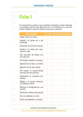 PROGRAMA ARCE. CONVIVIR, COMPARTIR, CONCILIAR
DesigualDaD y violencia
5
MATERIAL FOTOCOPIABLE AUTORIZADO
Ficha I
A continuación te pedimos que completes el siguiente cuadro indicando
si consideras que los actos descritos son o no violencia, y en caso afir-
mativo, indiques te tipo de violencia crees que se produce.
SITuACIóN SI NO TIPO deVIOLeNCIA
Llegar tarde y no avisar.
Impedir a la pareja ver a sus
amistades
Controlar el móvil de la pareja
Insultar a la vecina por man-
charte la ropa
Una discusión de tráfico con
otra persona
No dirigir la palabra a la pareja
Agresión de un hijo a su madre
Agresión de un hijo a padre
No aceptar el requerimiento
amoroso de otra persona.
Administrar la economía do-
méstica
Obligar a la pareja mantener
una relación sexual
Expresar tu desagrado por una
comida
Controlar el dinero de la pareja
Dar una bofetada a tu hija
Darle una bofetada a tu pareja
 