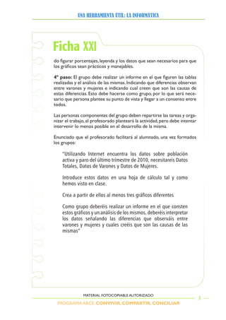 PROGRAMA ARCE. CONVIVIR, COMPARTIR, CONCILIAR
UNA HERRAMIENTA ÚTIL: LA INFORMÁTICA
3
MATERIAL FOTOCOPIABLE AUTORIZADO
Ficha XXI
do	figurar	porcentajes,	leyenda	y	los	datos	que	sean	necesarios	para	que	
los	gráficos	sean	prácticos	y	manejables.
4º paso:	El	grupo	debe	realizar	un	informe	en	el	que	figuren	las	tablas	
realizadas y el análisis de las mismas. Indicando que diferencias observan
entre varones y mujeres e indicando cual creen que son las causas de
estas diferencias. Esto debe hacerse como grupo, por lo que será nece-
sario que persona plantee su punto de vista y llegar a un consenso entre
todos.
Las personas componentes del grupo deben repartirse las tareas y orga-
nizar el trabajo, el profesorado planteará la actividad, pero debe intentar
intervenir lo menos posible en el desarrollo de la misma.
Enunciado que el profesorado facilitará al alumnado, una vez formados
los grupos:
“Utilizando Internet encuentra los datos sobre población
activa y paro del último trimestre de 2010, necesitareis Datos
Totales, Datos de Varones y Datos de Mujeres.
Introduce estos datos en una hoja de cálculo tal y como
hemos visto en clase.
Crea a partir de ellos al menos tres gráficos diferentes
Como grupo deberéis realizar un informe en el que consten
estos gráficos y un análisis de los mismos, deberéis interpretar
los datos señalando las diferencias que observáis entre
varones y mujeres y cuales creéis que son las causas de las
mismas”
 