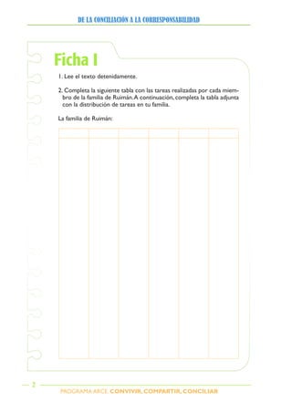 PROGRAMA ARCE. CONVIVIR, COMPARTIR, CONCILIAR
DE LA CONCILIACIÓN A LA CORRESPONSABILIDAD
2
Ficha I
1. Lee el texto detenidamente.
2. Completa la siguiente tabla con las tareas realizadas por cada miem-
bro de la familia de Ruimán.A continuación, completa la tabla adjunta
con la distribución de tareas en tu familia.
La familia de Ruimán:
 