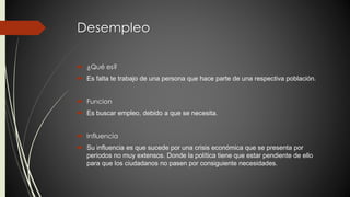Desempleo 
 ¿Qué es? 
 Es falta te trabajo de una persona que hace parte de una respectiva población. 
 Funcion 
 Es buscar empleo, debido a que se necesita. 
 Influencia 
 Su influencia es que sucede por una crisis económica que se presenta por 
periodos no muy extensos. Donde la política tiene que estar pendiente de ello 
para que los ciudadanos no pasen por consiguiente necesidades. 
 