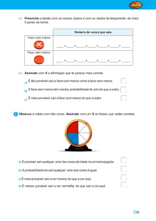 Oo
1.2. Preenche a tabela com os vossos dados e com os dados de lançamento de mais
5 pares da turma.
Número de vezes que saiu
Face com marca
+ + + + + =
Face sem marca
+ + + + + =
1.3. Assinala com X a afirmação que te parece mais correta.
a)
É tão provável sair a face com marca como a face sem marca.
b)
A face sem marca tem menos probabilidadede sair do que a outra.
c)
É mais provável sair a face com marca do que a outra.
Observa a roleta com três cores. Assinala com um X as frases que estão corretas.
a) Épossível sairqualquer uma das cores daroleta na primeirajogada.
b) A probabilidadede sairqualquer uma das cores é igual.
c) É mais provável sair a cor branca do que a cor azul.
d) É menos provável sair a cor vermelha do que sair a cor azul.
 