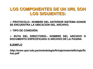 LOS COMPONENTES DE UN  URL  SON LOS SIGUIENTES: PROTOCOLO.- NOMBRE DEL ANTERIOR SISTEMA DONDE SE ENCUENTRA LA UBICACION DEL ARCHIVO. TIPO DE CONEXIÓN. RUTA DEL DIRECTORIO.- NOMBRE DEL ARCHIVO O DOCUMENTO ESPECIFICADO O ARCHIVO DE LA PAGINA EJEMPLO http://www.upci.edu,pe/metodologia/fichaje/materialfichaje/fichas.pdf 