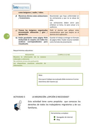 como imágenes / audio / video.
       f) Muestran efectos como animaciones       Recomendar que haya uniformidad en
          / transiciones.                         las animaciones y que no se abuse de
                                                  ellas.
                                                  Las animaciones deben servir para
                                                  enfatizar un tema, no para cansar a la
                                                  audiencia.
       g) Tienen las imágenes organizadas         Pedir al alumno que aplique estas
          presentando alineación / giro /         características para que mejore en el
          agrupación.                             dominio de la aplicación.
13
       h) Están guardados como página Web         Guardar el trabajo a entregar en formato
          incluyendo la carpeta con todos los     de página Web. Puede incluirse también
          archivos correspondientes para          como formato de presentación.
          visualizarlo.


     Requerimientos educativos:

                     REQUISITOS                              CUMPLE SI O NO
     Muestra la información de la manera
     ordenada y coherente
     No contiene errores de puntuación
     Las diapositivas muestran selección de
     información.




                                   Nota:

                                   Para que el trabajo sea evaluado debe enviarse al correo
                                   electrónico del maestro (a)




     ACTIVIDAD 3             LA MIGRACIÓN: ¿OPCIÓN O NECESIDAD?

                        Esta actividad tiene como propósito que conozcas los
                        derechos de todos los trabajadores migratorios y de sus
                        familiares.

                                                    Herramientas a emplear:

                                                            Navegador de internet
                                                            Blog
 