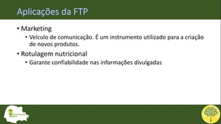 • Marketing
• Veículo de comunicação. É um instrumento utilizado para a criação
de novos produtos.
• Rotulagem nutricional
• Garante confiabilidade nas informações divulgadas
 