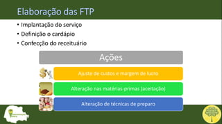 • Implantação do serviço
• Definição o cardápio
• Confecção do receituário
Ações
Ajuste de custos e margem de lucro
Alteração nas matérias-primas (aceitação)
Alteração de técnicas de preparo
 