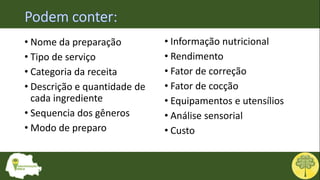 • Nome da preparação
• Tipo de serviço
• Categoria da receita
• Descrição e quantidade de
cada ingrediente
• Sequencia dos gêneros
• Modo de preparo
• Informação nutricional
• Rendimento
• Fator de correção
• Fator de cocção
• Equipamentos e utensílios
• Análise sensorial
• Custo
 
