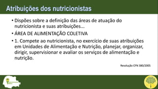 • Dispões sobre a definição das áreas de atuação do
nutricionista e suas atribuições...
• ÁREA DE ALIMENTAÇÃO COLETIVA
• 1. Compete ao nutricionista, no exercício de suas atribuições
em Unidades de Alimentação e Nutrição, planejar, organizar,
dirigir, supervisionar e avaliar os serviços de alimentação e
nutrição.
Resolução CFN 380/2005
 
