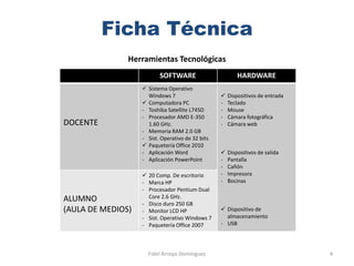 Ficha Técnica
               Herramientas Tecnológicas
                          SOFTWARE                        HARDWARE
                    Sistema Operativo
                     Windows 7                       Dispositivos de entrada
                    Computadora PC               -   Teclado
                   - Toshiba Satellite L745D      -   Mouse
                   - Procesador AMD E-350         -   Cámara fotográfica
DOCENTE              1.60 GHz.                    -   Cámara web
                   - Memoria RAM 2.0 GB
                   - Sist. Operativo de 32 bits
                    Paquetería Office 2010
                   - Aplicación Word                 Dispositivos de salida
                   - Aplicación PowerPoint        -   Pantalla
                                                  -   Cañón
                    20 Comp. De escritorio       -   Impresora
                   - Marca HP                     -   Bocinas
                   - Procesador Pentium Dual
ALUMNO               Core 2.6 GHz.
                   - Disco duro 250 GB
(AULA DE MEDIOS)   - Monitor LCD HP                Dispositivo de
                   - Sist. Operativo Windows 7      almacenamiento
                   - Paquetería Office 2007       - USB




                     Fidel Arroyo Domínguez                                     4
 