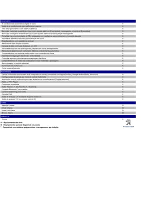 CONFORTO
Ar condicionado automático digital bi-zone X
Saída de ar condicionado para os bancos traseiros X
Teto solar panorâmico com abertura elétrica X
Banco do motorista revestido em couro com ajustes elétricos (8 variações), massageador e memória (2 posições) X
Banco do passageiro revestido em couro com ajustes elétricos (4 variações) e massageador X
Painel de instrumentos digital de 12,3 polegadas com opções de personalização, em posição elevada X
Volante de diâmetro reduzido (SportDrive) e em couro X
Direção elétrica com assistência variável X
Retrovisores com função tilt down X
Console de teto com luzes de leitura em LED X
Vidros elétricos nas nas quatro portas, sequenciais e anti-esmagamento X
Retrovisores externos com comandos elétricos e rebatimento automático X
Travas elétricas nas portas e porta-malas com comandos na chave X
Volante com regulagem de altura e profundidade X
Cintos de segurança dianteiros com regulagem de altura X
Compartimentos de redes nas costas dos bancos motorista e passageiro X
Banco traseiro bi-partido rebatível X
Iluminação no porta-luvas X
Porta-luvas refrigerado X
MULTIMÍDIA
Central multimídia touchscreen de 8" integrada ao painel, compatível com Apple CarPlay, Google Android Auto, MirrorLink X
Configurações do veículo por meio da central multimídia X
Atalhos da central multimídia por meio de teclas no console central (Toggle switches) X
Rádio c/ MP3 Player X
Comandos no volante X
6 alto-falantes (4 alto-falantes + 2 tweeters) X
Conexão Bluetooth® para celular X
Conexão streaming para áudio X
Entrada USB X
Saída de energia 12V na lateral do porta-malas (1) X
Saída de energia 12V no console central (2) X
CORES
Metallic Copper O
Cinza Artense O
Preto Perla Nera O
Branco Nacré O
GARANTIA
3 anos X
X = Equipamentos de série
O = Equipamento opcional disponível em pacote
* - Compatível com celulares que permitam o carregamento por indução
 