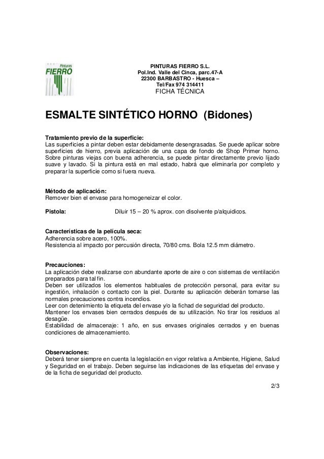 Ficha técnica sintético horno bidones