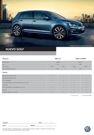 NUEVO GOLF 
Mecánica GOLF 1.6 GOLF 1.4 SPORT 
Motorización 1.6 MSI 1,4 TSI 
Hp 110 140 
Transmisión MT 5 AT 6 MT 6 DGS 7 
Velocidad Máxima km/h 200 212 
Vendedor: Fecha: / / 
Precio: Teléfono: 
(1) Nota: Estas especificaciones y equipamientos están sujetos a cambio sin previo aviso. 
(2) Nota: Edición ficha Golf A7, octubre 2014. 
*Fotografía referencial, puede incluir opcionales. 
Exterior 
Llantas de aleación de 16" x x - - 
Llantas de aleación de 17" - - x x 
Faros halógenos x x - - 
Faros de Bi-Xenón con luz de conducción en curva - - x x 
Lavafaros - - x x 
Faros antinieblas con conducción en curva x x x x 
Sunroof - - x x 
Retrovisor electrico y térmico x x x x 
 