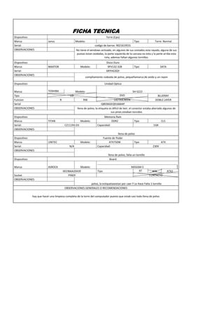 FICHA TECNICA
Dispositivo:
Marca:
Serial:
OBSERVACIONES

Dispositivo:
Marca:
Serial:
OBSERVACIONES

Torre (Cpu)
Janus

Modelo:

Tipo

Torre Normal

codigo de barras: 9021619531
No tiene el windows activado, en algunos de sus costados esta rayada, alguna de sus
puntas estan oxidadas, la parte izquierda de la carcasa no esta y la parte arriba esta
rota, ademas faltan algunos tornillos.
MAXTOR

Disco Duro
9FV132-328
6RYHG3QY

Modelo:

Tipo

SATA

compltamente rodeada de polvo, pequeñamarca de oxido y un rayon

Dispositivo:

Unidad Optica

Marca:
Tipo
Funcion
Serial
OBSERVACIONES
Dispositivo:
Marca:
Serial:
OBSERVACIONES
Dispositivo:
Marca:
Serial:
OBSERVACIONES

TOSHIBA

Modelo:

SH-S222
DVD

CD
R

BLUERAY
DOBLE LAYER

RW

LIGTHSCREEN
Q8036GEQ916664P
llena de polvo, la etiqueta es dificil de leer, el conector estaba aberiado algunos de
sus pines estaban torcidos

TITAN

Modelo:
CZ11193.D3

UNITEC

Modelo:
N/A

Memoria Ram
DDR2
Capacidad:

Tipo

CL5
1GB

llena de polvo
Fuente de Poder
ATX750W
Tipo
Capacidad:

ATX
230V

llena de polvo, falta un tornillo
Board

Dispositivo:
Marca:

ASROCK

erial:
Socket
OBSERVACIONES

Modelo:
001966A20439
PINER

Tipo

945GSM-S
AT

ATX
CONTACTO

polvo, la estiquetasestan por caer Y Le Hace Falta 1 tornillo
OBSERVACIONES GENERALES O RECOMENDACIONES
hay que hacer una limpieza completa de la torre del computador puesto que estab casi todo llena de polvo

ATX2

 