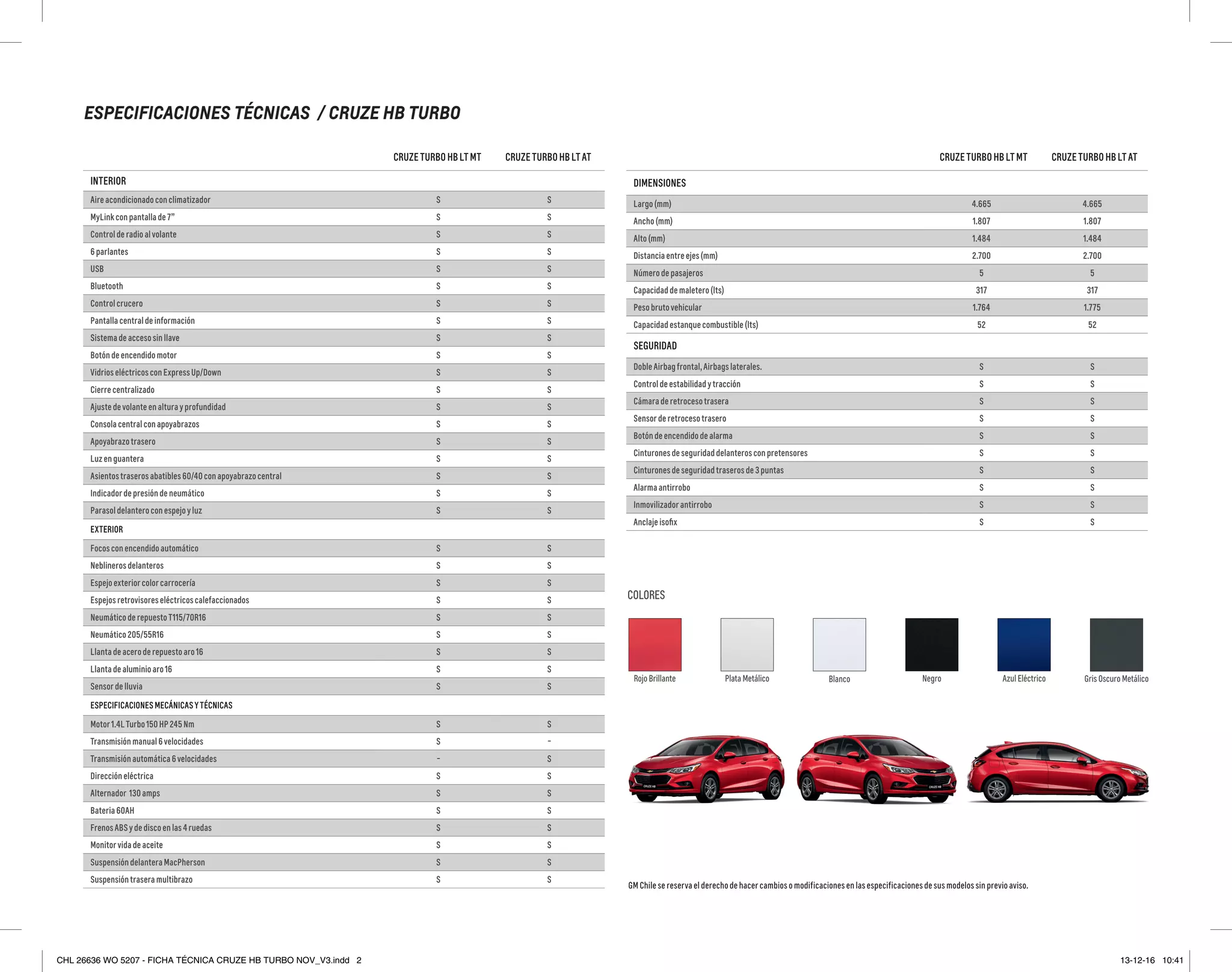 Ficha Técnica Chevrolet Cruze 1.4 HB Turbo MY17 | PDF