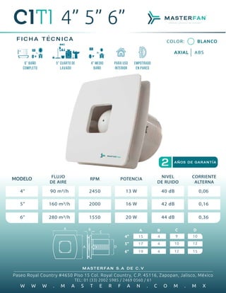 FICHA TECNICA
2 ANOS DE GARANTIA
MASTERFAN S.A DE C.V
Paseo Royal Country #4650 Piso 15 Col. Royal Country, C.P. 45116, Za...