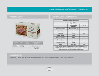 CAJA OBSEQUIO JAMÓN CRUDO CON HUESO
INFORMACIÓN NUTRICIONALPRESENTACIÓN
INGREDIENTES
Pernil de Cerdo, Sal, Azúcar, Antioxidante (INS 300), Conservantes (INS 250 – INS 251)
CODIGO PESO UNID X
CAJA
CONSERVACION/
VIDA UTIL
100834 7,29kg 1 Conservar entre
0 y 8ºC.
270 días.
INFORMACIÓN NUTRICIONAL
Porción 40 gr (2 fetas)
Cantidad por
porción
% VD (*)
Valor energético 88 kcal = 368 Kj 4
Carbohidratos 0 g 0
Proteínas 19 g 25
Grasas totales 1,3 g 2
Grasas saturadas 0,8 g 2
Grasas trans 0 g -
Fibra alimentaria 0,9 g 4
Sodio 808 mg 34
(*) % Valores Diarios con base a una dieta de 2000 kcal u
8400 kJ. Sus valores diarios pueden ser mayores o menores
dependiendo de sus necesidades energéticas.
 