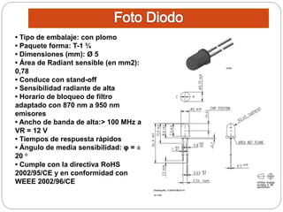 • Tipo de embalaje: con plomo
• Paquete forma: T-1 ¾
• Dimensiones (mm): Ø 5
• Área de Radiant sensible (en mm2):
0,78
• Conduce con stand-off
• Sensibilidad radiante de alta
• Horario de bloqueo de filtro
adaptado con 870 nm a 950 nm
emisores
• Ancho de banda de alta:> 100 MHz a
VR = 12 V
• Tiempos de respuesta rápidos
• Ángulo de media sensibilidad: φ = ±
20 °
• Cumple con la directiva RoHS
2002/95/CE y en conformidad con
WEEE 2002/96/CE
 