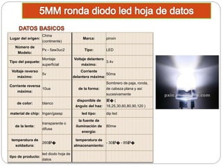 Lugar del origen:
China
(continente)
Marca: pinxin
Número de
Modelo:
Px - 5aw3uc2 Tipo: LED
Tipo del paquete:
Montaje
superficial
Voltaje delantero
máximo:
3.4v
Voltaje reverso
máximo:
5v
Corriente
delantera máxima:
50ma
Corriente reversa
máxima:
10ua de la forma:
Sombrero de paja, ronda,
de cabeza plana y así
sucesivamente
de color: blanco
disponible de
ángulo del haz:
鈮� (
18,25,30,60,80,90,120 )
material de chip: Ingan/gaasp led tipo: dip led
de la lente:
transparente o
difusa
la fuente de
iluminación de
energía:
80mw
temperatura de
soldadura:
260鈩�
temperatura de
almacenamiento:
- 30鈩� - 85鈩�
tipo de producto:
led diodo hoja de
datos
 
