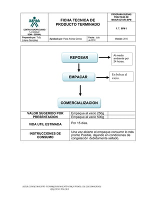 PROGRAMA BUENAS
                                                                            PRACTICAS DE
                               FICHA TECNICA DE                           MANUFACTURA BPM

                             PRODUCTO TERMINADO
 CENTRO AGROPECUARIO
                                                                             F. T. BPM 6
      “LA GRANJA”
    SENA - ESPINAL
Preparado por: Yuly                                        Fecha: Julio
                       Aprobado por: Paola Andrea Gómez                     Versión: 2010
Liliana González                                           de 2010




                                                                           Al medio
                                           REPOSAR                         ambiente por
                                                                           24 horas.




                                                                          En bolsas al
                                          EMPACAR                         vacio.




                                 COMERCIALIZACION

     VALOR SUGERIDO POR                     Empaque al vacio 250g
        PRESENTACION                        Empaque al vacio 500g

      VIDA UTIL ESTIMADA                    Por 15 dias.

                                            Una vez abierto el empaque consumir lo más
       INSTRUCCIONES DE                     pronto Posible, dejando en condiciones de
           CONSUMO                          congelación debidamente sellado.




SENA CONOCIMIENTO Y EMPRENDIMIENTO PARA TODOS LOS COLOMBIANOS
                      REGINAL TOLIMA
 