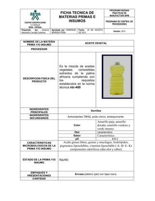 NOMBRE DE LA MATERIA PRIMA Y/O INSUMOACEITE VEGETALPROVEEDORDESCRIPCION FISICA DEL PRODUCTOEs la mezcla de aceites vegetales comestibles extraídos de la palma africana cumpliendo con los requisitos establecidos en la norma técnica ntc-400226060-172720INGREDIENTES PRINCIPALESSemillas INGREDIENTES SECUNDARIOSAntioxidantes TBHQ, acido cítrico, antiespumante.ColorAmarillo paja, amarillo dorado, amarillo verdoso y verde intenso.  OlorcaracterísticoSaborCaracterístico.pH  8-8.3CARACTERISTICAS MICROBIOLOGICOS DE LA PRIMA Y/O INSUMOAcido grasas libres, gomas y mucilagos, fosfolípidos, pigmentos liposolubles, vitamina liposoluble ( A- D- E- K) componentes odoríferos (dan olor y sabor)ESTADO DE LA PRIMA Y/O INSUMOliquidoEMPAQUES Y PRESENTACIONESEnvase plástico (pet) con tapa rosca.CANTIDADde 20 litros  y de un litroINSTRUCIONES EN LA ETIQUETAConsérvese en un lugar fresco y secoNUMERO DE REGISTRO SANITARIO (SI APLICA)Resolución 005109/2005 VIDA UTIL ESPERADA12MesesTEMPERATURA DE ALMACENAMIENTOAmbiente25-30ºCRefrigeraciónCongelaciónNORMATIVIDAD QUE RIGE LA PRIMA Y/O INSUMONTC 3748/27junio2001CONSIDERACIONES Y RECOMENDACIONES DE ALMACENAMIENTOConservar en un lugar fresco en condiciones optimas de temperatura y humedad.<br />