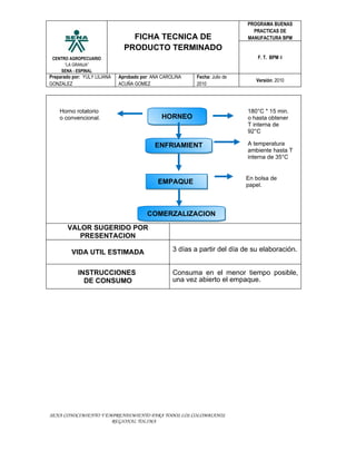 PROGRAMA BUENAS
                                                                                PRACTICAS DE
                                  FICHA TECNICA DE                            MANUFACTURA BPM

                                PRODUCTO TERMINADO
 CENTRO AGROPECUARIO                                                              F. T. BPM 4
      “LA GRANJA”
    SENA - ESPINAL
Preparado por: YULY LILIANA   Aprobado por: ANA CAROLINA    Fecha: Julio de
                                                                                 Versión: 2010
GONZALEZ                      ACUÑA GOMEZ                   2010




    Horno rotatorio                                                           180°C * 15 min.
    o convencional.                            HORNEO                         o hasta obtener
                                                                              T interna de
                                                                              92°C

                                             ENFRIAMIENT                      A temperatura
                                                                              ambiente hasta T
                                                  O                           interna de 35°C


                                                                              En bolsa de
                                              EMPAQUE                         papel.




                                         COMERZALIZACION

       VALOR SUGERIDO POR
          PRESENTACION

         VIDA UTIL ESTIMADA                         3 días a partir del día de su elaboración.


            INSTRUCCIONES                           Consuma en el menor tiempo posible,
              DE CONSUMO                            una vez abierto el empaque.




SENA CONOCIMIENTO Y EMPRENDIMIENTO PARA TODOS LOS COLOMBIANOS
                      REGIONAL TOLIMA
 