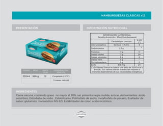 HAMBURGUESAS CLÁSICAS x12
INFORMACIÓN NUTRICIONALPRESENTACIÓN
INGREDIENTES
Carne vacuna, contenido graso no mayor al 20%, sal, pimienta negra molida, azúcar, Antioxidantes: ácido
ascórbico, Eritorbato de sodio , Estabilizante: Polifosfato de sodio, metafosfato de potasio, Exaltador de
sabor: glutamato monosódico INS 621, Estabilizador de color: acido nicotínico.  
INFORMACIÓN NUTRICIONAL
Tamaño de porción: 80g (1 hamburguesa)
Cantidad por porción
% VD
(*)
Valor energético 182 Kcal = 764 Kj 9
Carbohidratos 2.7 g
<
1
Proteínas 13 g 17
Grasas totales 13 g 24
Grasas saturadas 6 g 6
Grasas trans 0 g --
Fibra alimentaria 0 g 0
Sodio 578 mg 24
(*) % Valores Diarios en base a una dieta de 2000 Kcal u
8400kJ. Sus valores diarios pueden ser mayores o
menores dependiendo de sus necesidades energéticas
CODIGO PESO UNID X
CAJA
CONSERVACION/
VIDA UTIL
23044 996 g 12 Congelado (-12°C)
5 meses vida útil
 