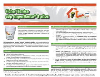 Ficha Técnica
   a3p Imperllanta® 3 años                                                                                                                                         MR.




                                Descripción:                                                      Preparación de la superficie:

                            Impermeabilizante elaborado con resinas acrílicas, reforzado         1.	Retire falsas adherencias, partes sueltas o flojas, mediante desbroce de la super-
                                                                                                     ficie con pala plana.
                            con partículas de caucho vulcanizado reciclado, casi indes-
                                                                                                 2.	Barra la superficie perfectamente eliminando polvo, impurezas y basura.
                            tructible, con gran capacidad impermeable y resistencia al           3.	Revise que no existan zonas que den lugar a encharcamientos, de lo contrario
                            medioambiente.                                                           corríjalas.
                                                                                                 4.	FISURAS.- Se recomienda calafatear con a3p IMPERLLANTA® SECADO RÁPIDO
                                Usos:                                                                GARANTÍA 3 AÑOS, aplicar resanando con una espátula ancha al ras de la super-
                                                                                                     ficie, deje secar 2 horas para evitar que se afecte la superficie al caminar sobre
                                                                                                     esta.
a3p IMPERLLANTA® SECADO RAPIDO GARANTÍA 3 AÑOS como impermeabilizante
forma al secar una capa impermeable, el cual se puede aplicar sobre losas de concreto             Método de aplicación:
planas e inclinadas, techumbres de lámina de asbesto y metálicas; e incluso, sobre aca-
bados térmicos tales como: poliestireno y espuma de poliuretano, paredes, jardineras,            1.     na vez preparada la superficie libre de todo material extraño. Aplicar con cepillo
                                                                                                       U
tabla roca; etc.                                                                                       de ixtle, rodillo o brocha una mano de SELLADOR a3p® previamente diluido 1
                                                                                                       en 5.
   Ventajas:                                                                                     2.    RIMERA CAPA IMPERMEABLE.- Sobre la superficie ya preparada aplicar la primera
                                                                                                       P
                                                                                                       mano de a3p IMPERLLANTA® SECADO RÁPIDO GARANTÍA 3 AÑOS de mane-
      Tiempo de secado al tacto 3 horas.                                                               ra uniforme en un solo sentido colacar cuadrimalla de refuerzo (Rendimiento
       osee excelente resistencia al intemperismo (cambios bruscos de temperatura,
      P                                                                                                aproximado 16 m2 x cubeta a dos manos) deje secar por lo menos 24 horas para
      choque térmico, lluvia, ambientes salinos, etc.)                                                 aplicar la siguiente capa.
      u elasticidad le permite soportar los movimientos estructurales de contracción y
      S                                                                                          3.    na vez seca la primera capa de a3p IMPERLLANTA® SECADO RAPIDO GARANTÍA
                                                                                                      U
      expansión normales de toda constricción.                                                        3 AÑOS, proceda a aplicar con la misma técnica y a rendimiento similar una se-
      e adhiere con gran firmeza sobre los principales materiales de construcción tales:
      S                                                                                               gunda capa; la aplicación, se deberá hacer en sentido cruzado a la primera capa.
      concreto, fibrocemento, mortero, etc.
       s ecológico al ser formulado con base agua ya que no contiene solventes orgánicos ni
      E
      contaminantes tóxicos o dañinos a las personas o al medio ambiente.                         Rendimiento:
   Herramientas de aplicación:                                                                 a3p IMPERLLANTA® SECADO RAPIDO LINEA ECONÓMICA GARANTÍA 1 AÑO, cubre de 16
                                                                                               a 18 m2 por cubeta de 19 litros a 2 manos, dependiendo de la rugosidad y la naturaleza
Rodillo, Brocha, Llana y/o Aspersión.                                                          de la superficie. Con cuadrimalla el rendimiento es de 13 a 15 m2.

  Todos los derechos reservados de Recubrimientos Ecológicos y Reciclados, S.A. de C.V.®, cualquier copia parcial o total será sancionada.
 