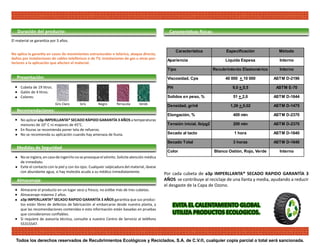 Duración del producto:                                                                           Características físicas:
El material se garantiza por 3 años.

                                                                                                        Característica               Especificación           Método
No aplica la garantía en casos de movimientos estructurales o telúrico, ataque directo,
daños por instalaciones de cables telefónicos o de TV, instalaciones de gas u otras pos-           Apariencia                       Liquida Espesa            Interno
teriores a la aplicación que afecten el material.
                                                                                                   Tipo                      Recubrimiento Elastomérico       Interno
   Presentación:                                                                                   Viscosidad, Cps                  40 000 + 10 000         ASTM D-2196

      Cubeta de 19 litros.                                                                         PH                                   9,0 + 0,5            ASTM E-70
       alón de 4 litros.
      G
      olores:
      C                                                                                            Solidos en peso, %                   51 + 2,0            ASTM D-1644
     
                             Gris Claro     Gris        Negro       Terracota      Verde
                                                                                                   Densidad, gr/ml                     1,26 + 0,02          ASTM D-1475
   Recomendaciones:
                                                                                                   Elongación, %                        400 min             ASTM D-2370
       o aplicar a3p IMPERLLANTA® SECADO RÁPIDO GARANTÍA 3 AÑOS a temperaturas
      N
      menores de 10° C ni mayores de 45°C.                                                         Tensión inicial, lb/pg2              200 min             ASTM D-2370
       n fisuras se recomienda poner tela de refuerzo.
      E
      o se recomienda su aplicación cuando hay amenaza de lluvia.
      N                                                                                            Secado al tacto                       1 hora             ASTM D-1640

                                                                                                   Secado Total                         3 horas             ASTM D-1640
   Medidas de Seguridad:
                                                                                                   Color                       Blanco Ostión, Rojo, Verde     Interno
       o se ingiera, en caso de ingerirlo no se provoque el vómito. Solicite atención médica
      N
      de inmediato.
      vite el contacto con la piel y con los ojos. Cualquier salpicadura del material, lávese
      E
      con abundante agua, si hay molestia acuda a su médico inmediatamente.
                                                                                                  Por cada cubeta de a3p IMPERLLANTA® SECADO RAPIDO GARANTÍA 3
   Almacenaje:                                                                                    AÑOS se contribuye al reciclaje de una llanta y media, ayudando a reducir
                                                                                                  el desgaste de la Capa de Ozono.
       lmacene el producto en un lugar seco y fresco, no estibe más de tres cubetas.
      A
      lmacenaje máximo 2 años.
      A
       3p IMPERLLANTA® SECADO RAPIDO GARANTÍA 3 AÑOS garantiza que sus produc-
      a
      tos están libres de defectos de fabricación al embarcarse desde nuestra planta, y               EVITA EL CALENTAMIENTO GLOBAL
      que las recomendaciones contenidas e esta información están basadas en pruebas
      que consideramos confiables.                                                                    UTILIZA PRODUCTOS ECOLOGICOS.
      i requiere de asesoría técnica, consulte a nuestro Centro de Servicio al teléfono
      S
      55315547.



  Todos los derechos reservados de Recubrimientos Ecológicos y Reciclados, S.A. de C.V.®, cualquier copia parcial o total será sancionada.
 