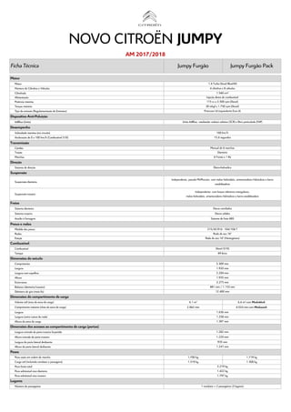 Ficha Técnica Jumpy Furgão Jumpy Furgão Pack
Motor
Número de Cilindros e Válvulas
Cilindrada
Alimentação
Potência máxima
T...
